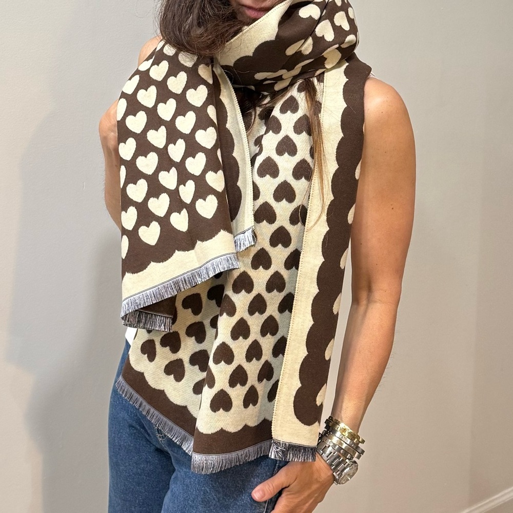 Reversible Brown and Cream Heart Pattern Scarf
